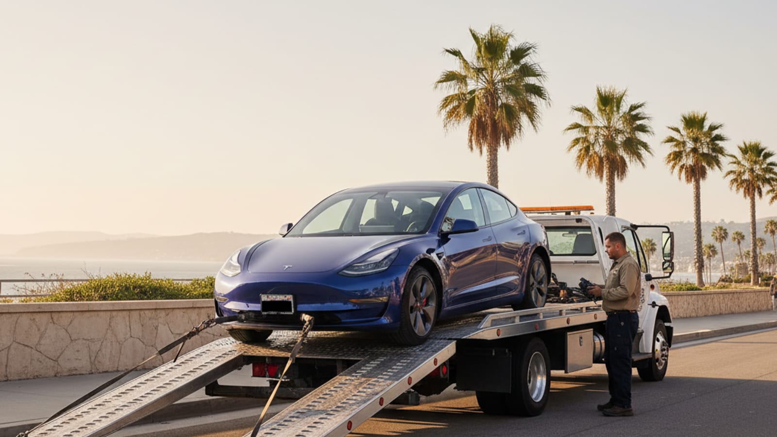 Split scene showing a flatbed tow truck loading an EV on the left and a mobile charging van plugged into an EV on the right on a wet Pacific Northwest street