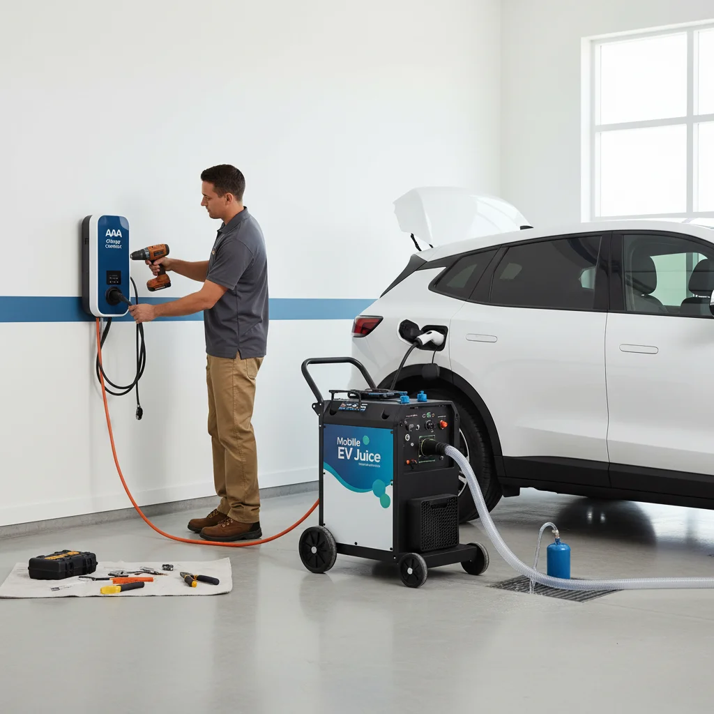 Split scene showing a flatbed tow truck loading an EV on the left and a mobile charging van plugged into an EV on the right on a wet street