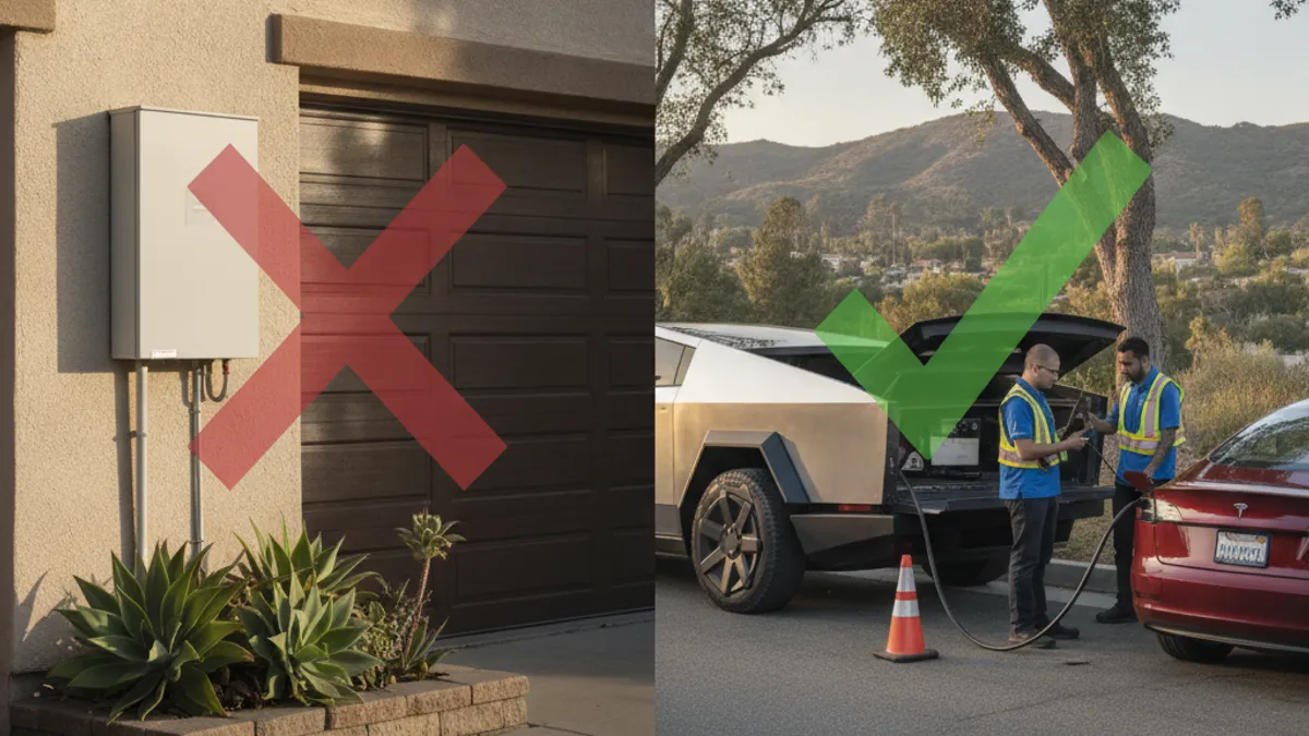 A split image. On the left, a home battery unit mounted on a garage wall with a red X over it. On the right, a mobile charging truck helping a stranded EV, with a green checkmark.