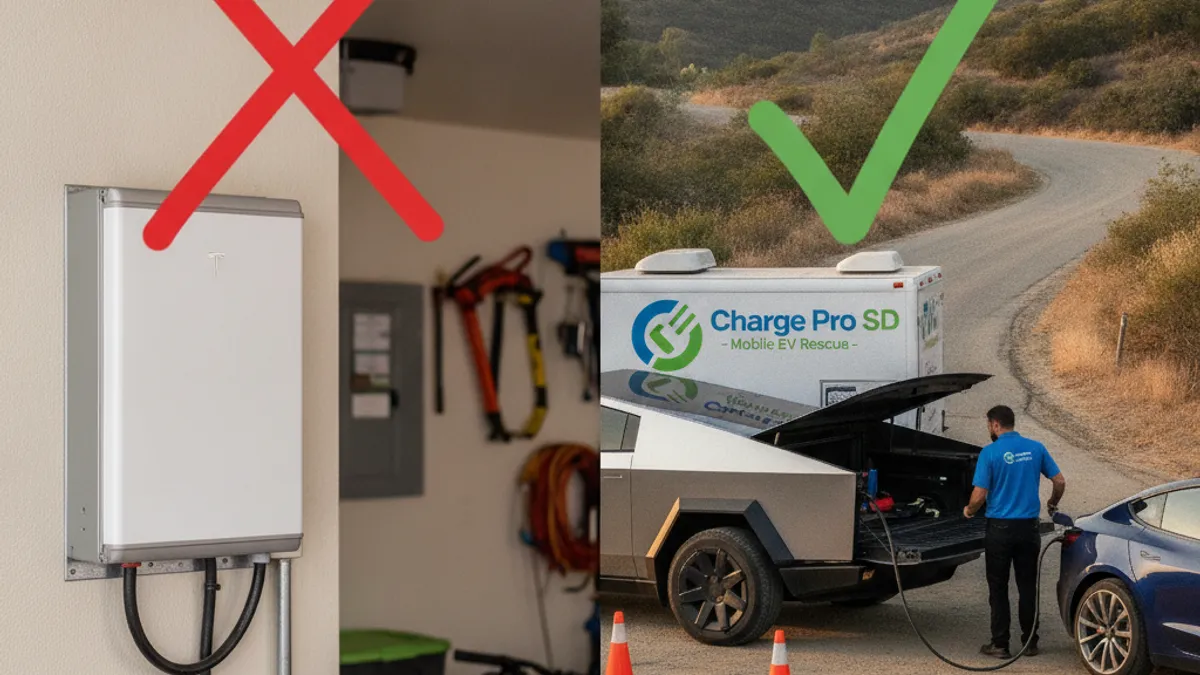 A split image. On the left, a home battery unit on a garage wall with a red X over it. On the right, a mobile EV rescue truck helping a stranded EV at roadside.