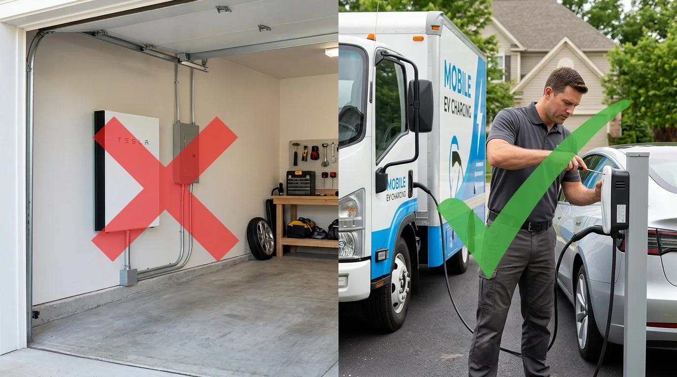 A split image. On the left, a wall-mounted home battery in a garage. On the right, a mobile charging truck parked beside an EV on a wet rural road.
