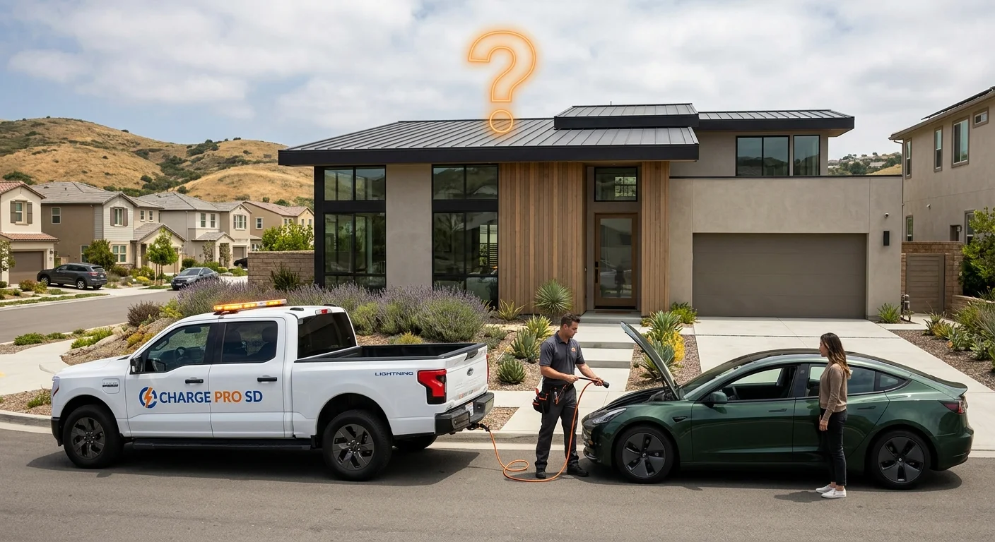 A modern Sammamish home with a question mark over the roof, contrasted with a roadside operator vehicle helping a stranded EV on a Plateau street