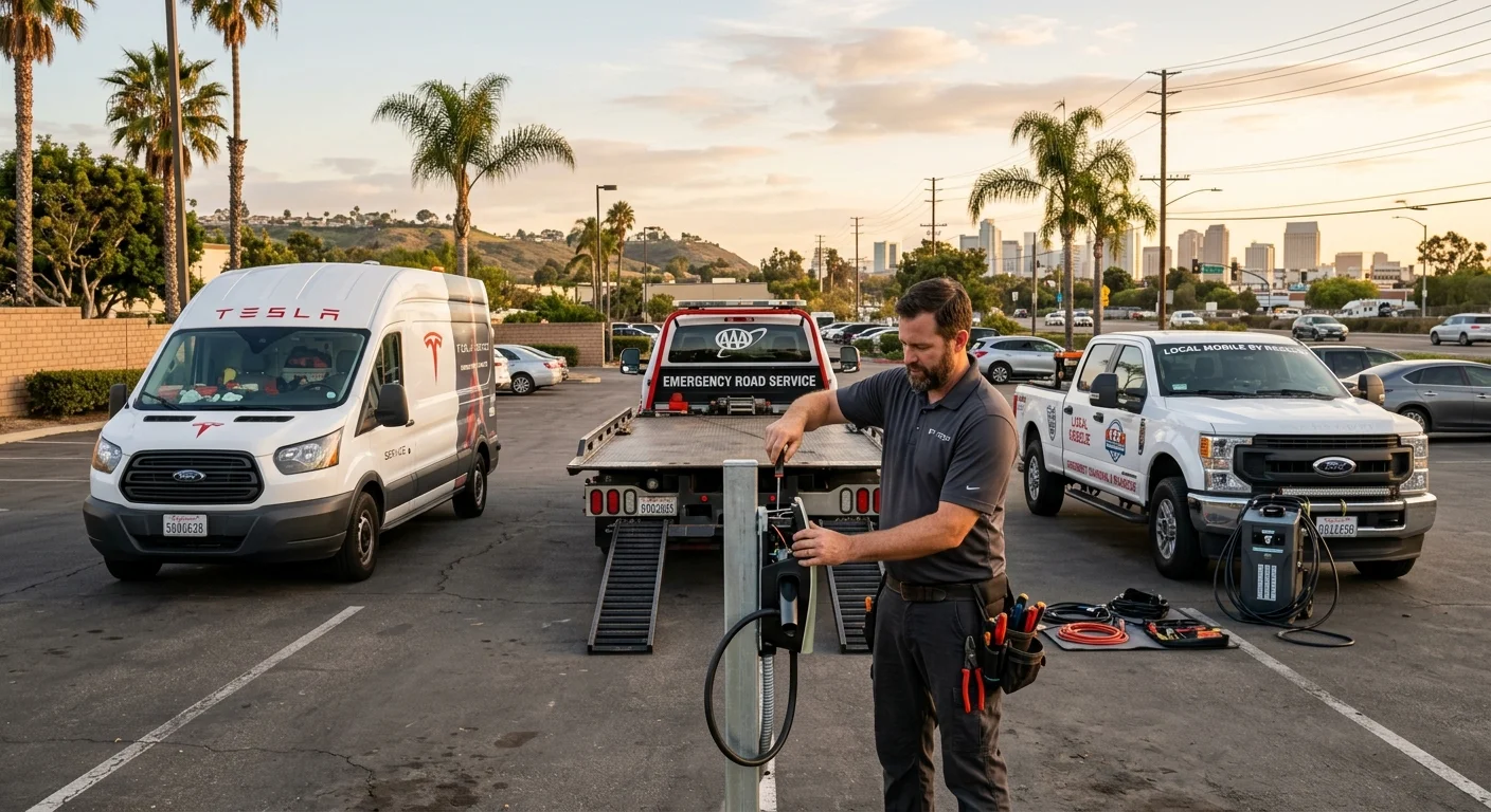 Three roadside trucks side by side, Tesla service, AAA, and a local mobile EV rescue, staged in a parking lot at golden hour, photorealistic