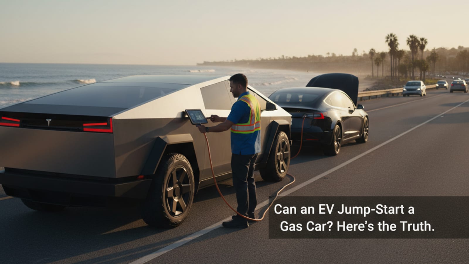 A Tesla Model 3 connected with jumper cables to the hood of a sedan on a wet residential street