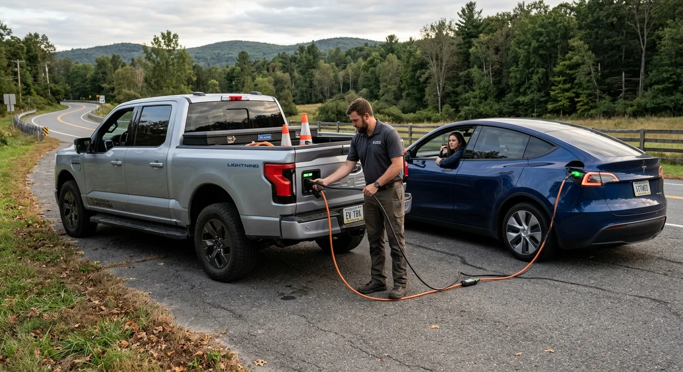 A Ford F-150 Lightning parked beside a stranded Tesla Model Y, a charging cable running between the truck's bed outlet and the Tesla's charge port.