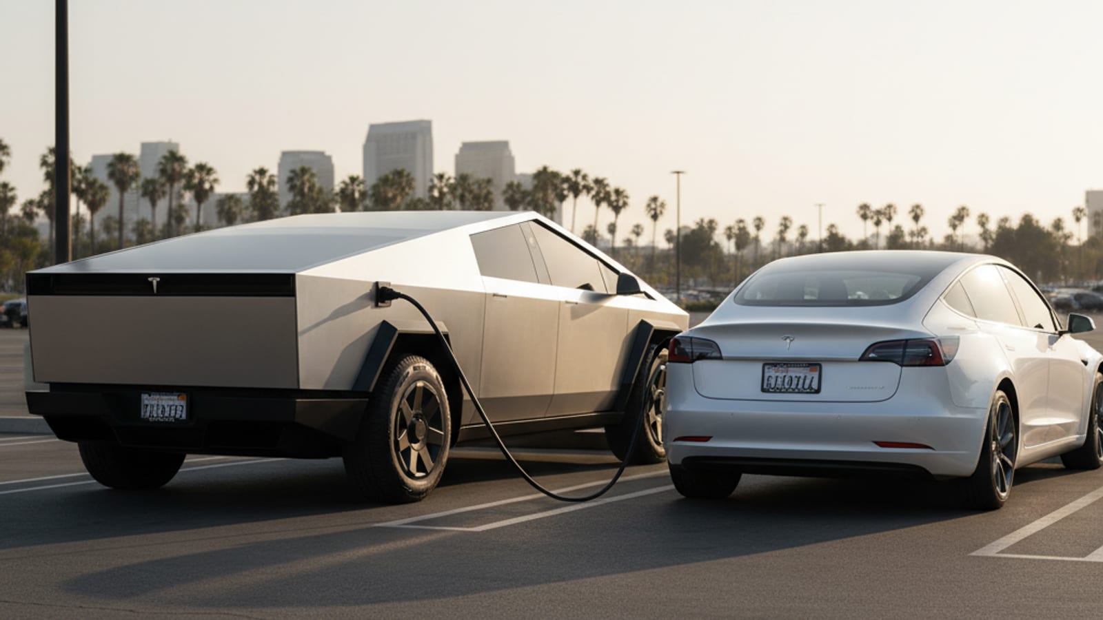 A Cybertruck parked beside a Tesla Model Y with a charging cable running from the Cybertruck bed outlet to the Model Y charge port in broad daylight on a rainy street