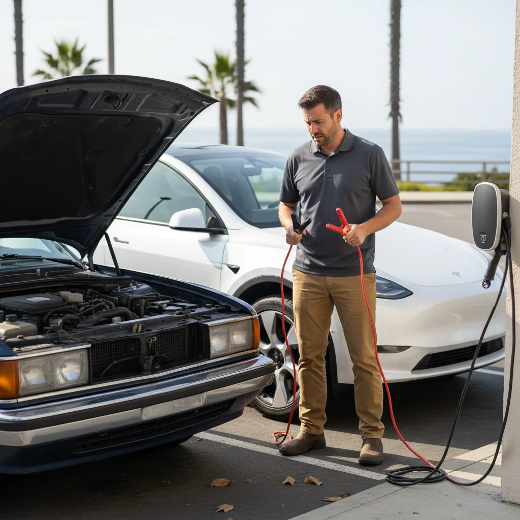 A Tesla driver with jumper cables looking puzzled at another car with its hood open in a parking lot