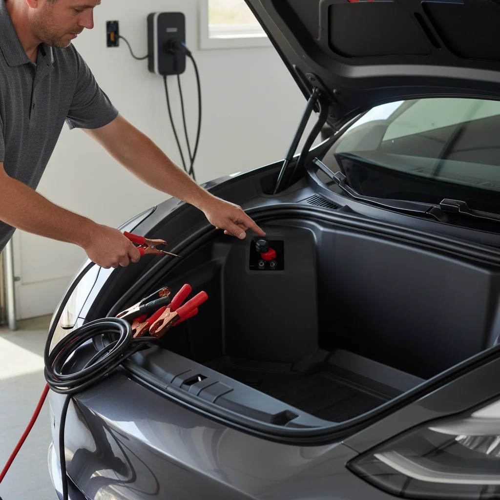 Close-up of a Tesla's 12V battery terminals in the frunk next to a pair of jumper cables