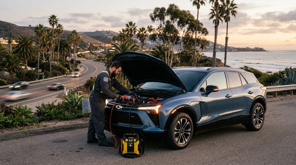 A mobile EV rescue technician connects a jump pack to a Chevy Blazer EV parked roadside in King County at dusk.