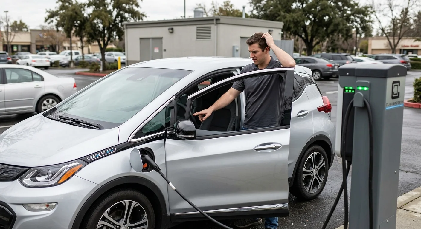 A driver looking at the non-responsive charging screen inside a Chevy Bolt EV at a public charging station in steady rain