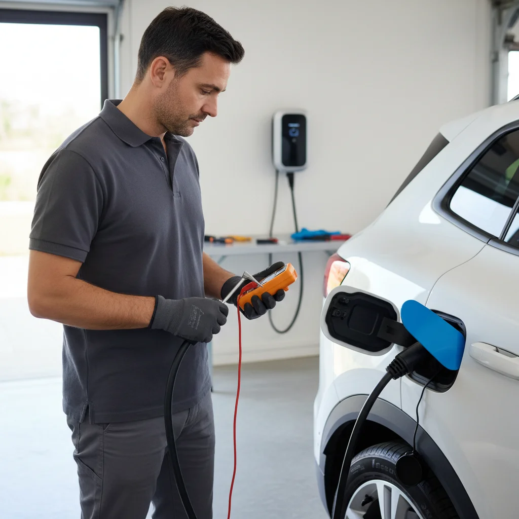A Chevy Equinox EV plugged into a Level 2 charger at a wet apartment parking garage with a charge fault indicator visible on the dashboard screen.
