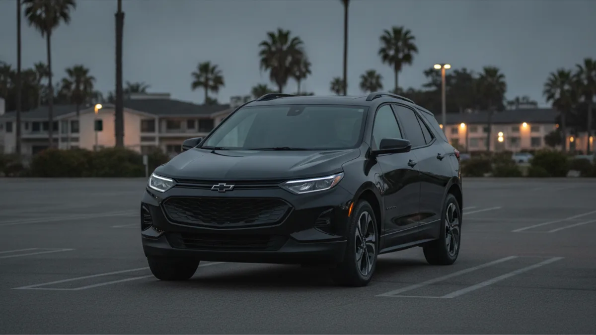 A dark crossover EV with a Chevy-style front end, sitting in a wet driveway with the cabin powered down from a 12V failure.