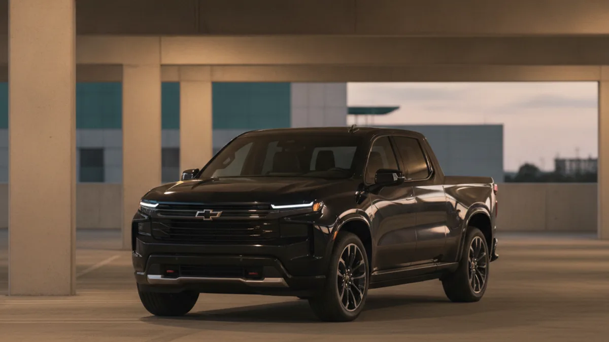 A Chevy Silverado EV parked in a dark driveway with a dim dashboard, illustrating a dead 12V battery