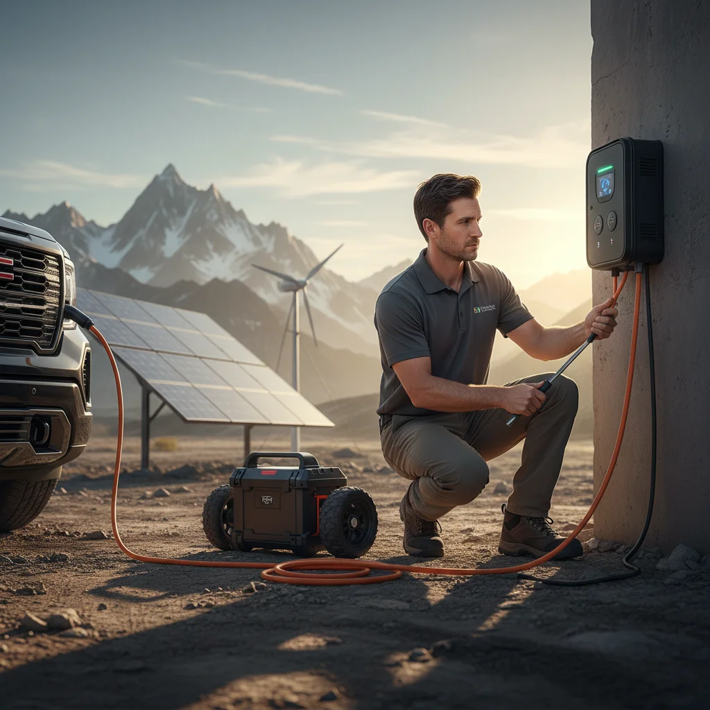 A mobile EV charging technician connecting a portable charger to a stalled electric delivery van parked on a Kent residential street.