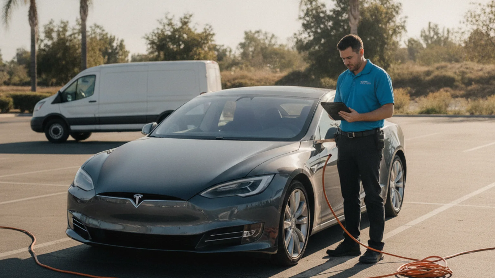 Several Tesla models parked together with a simple low-voltage battery icon