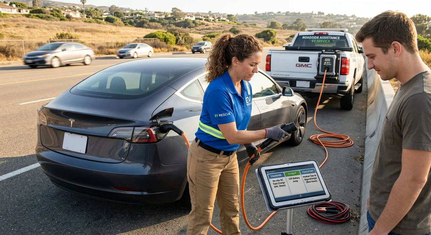 A stranded electric car parked safely while its driver compares charging, low-voltage, and transport options