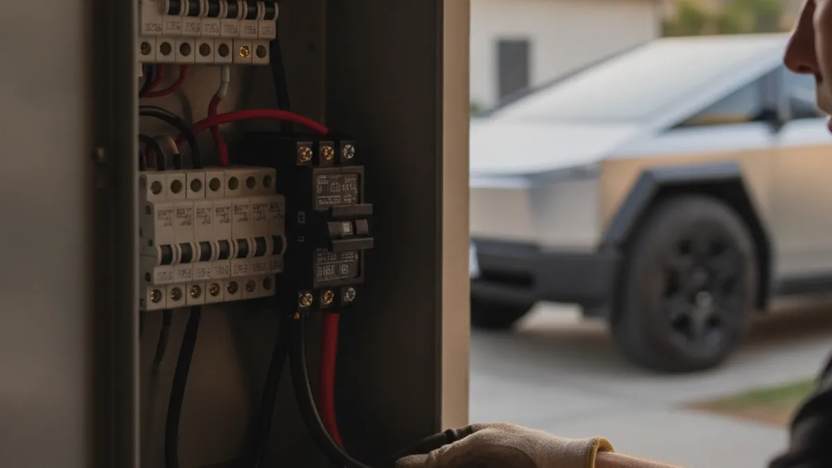 An electrician's hands working inside an open residential electrical panel during a panel upgrade, with a new 240V breaker visible in a Seattle home