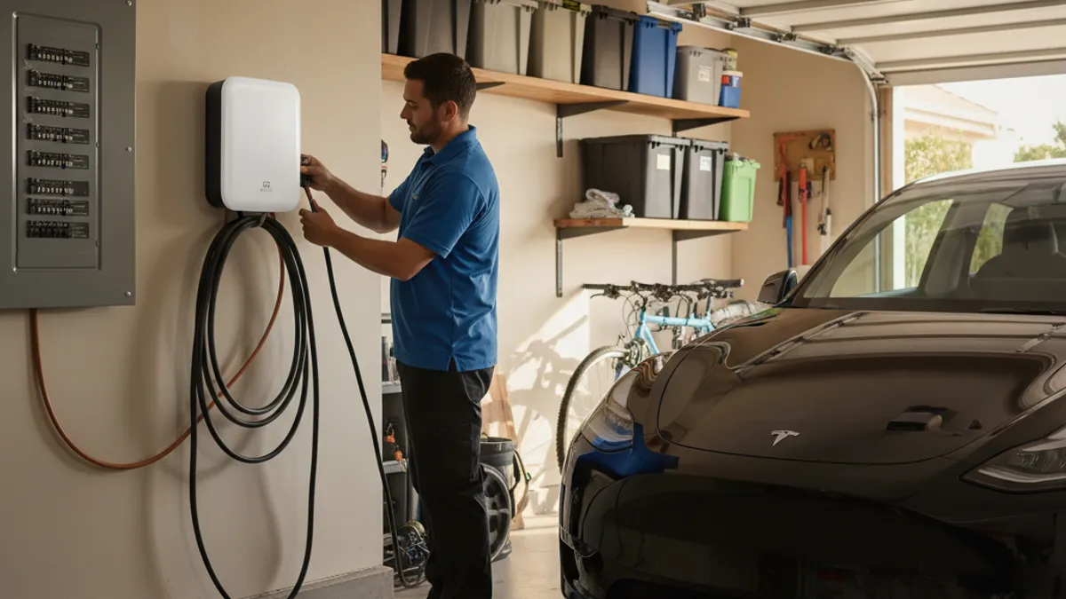An electrician mounting a Level 2 EV charger on the wall of a garage in Snoqualmie Valley with an EV parked inside