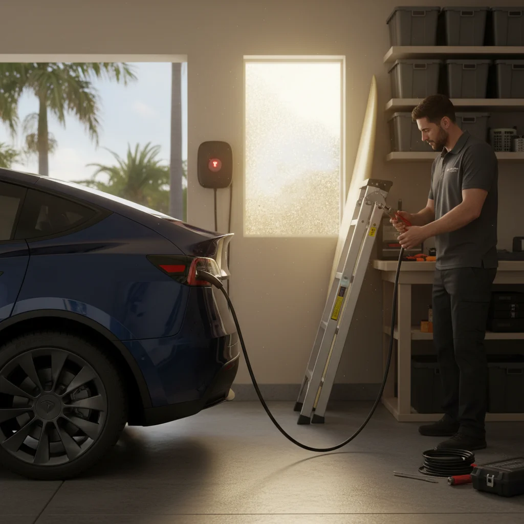 A wall-mounted Level 2 EV charger in a Renton garage showing an error light while plugged into a Tesla.