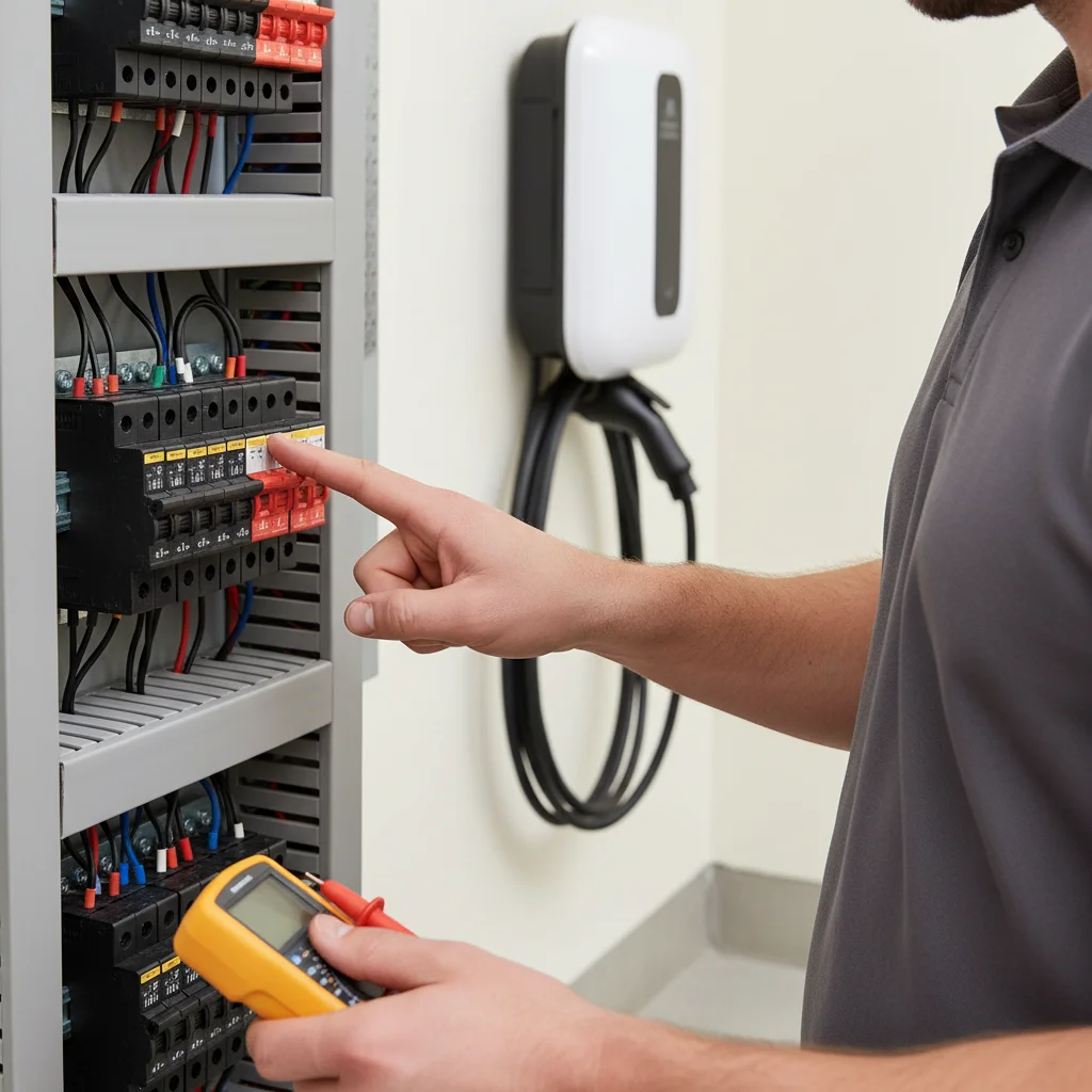 A hand inspecting a tripped breaker in a home electrical panel.