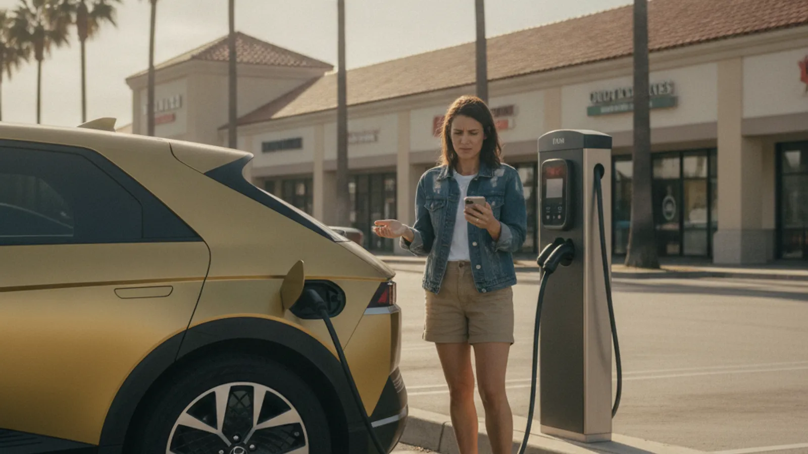 A broken public EV charging stall with the driver standing beside the car, looking at the network app on a phone.
