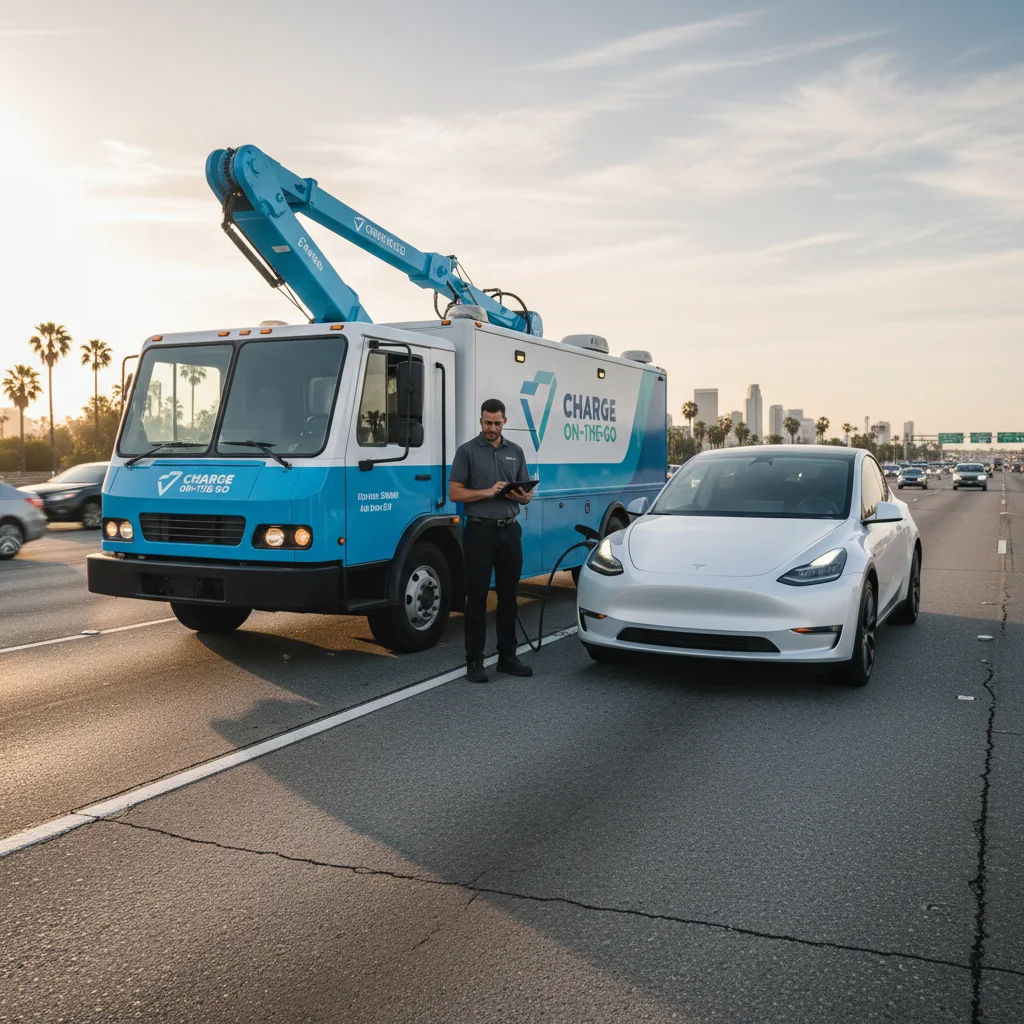 A mobile EV charging truck providing a rescue charge to a stranded electric car on a Puget Sound highway shoulder