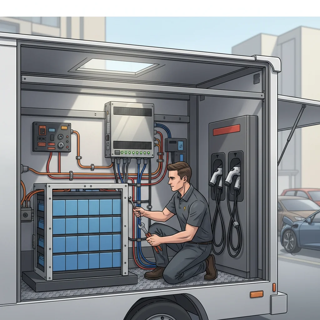 Cutaway view of the battery bank and charging hardware inside a mobile EV operator vehicle
