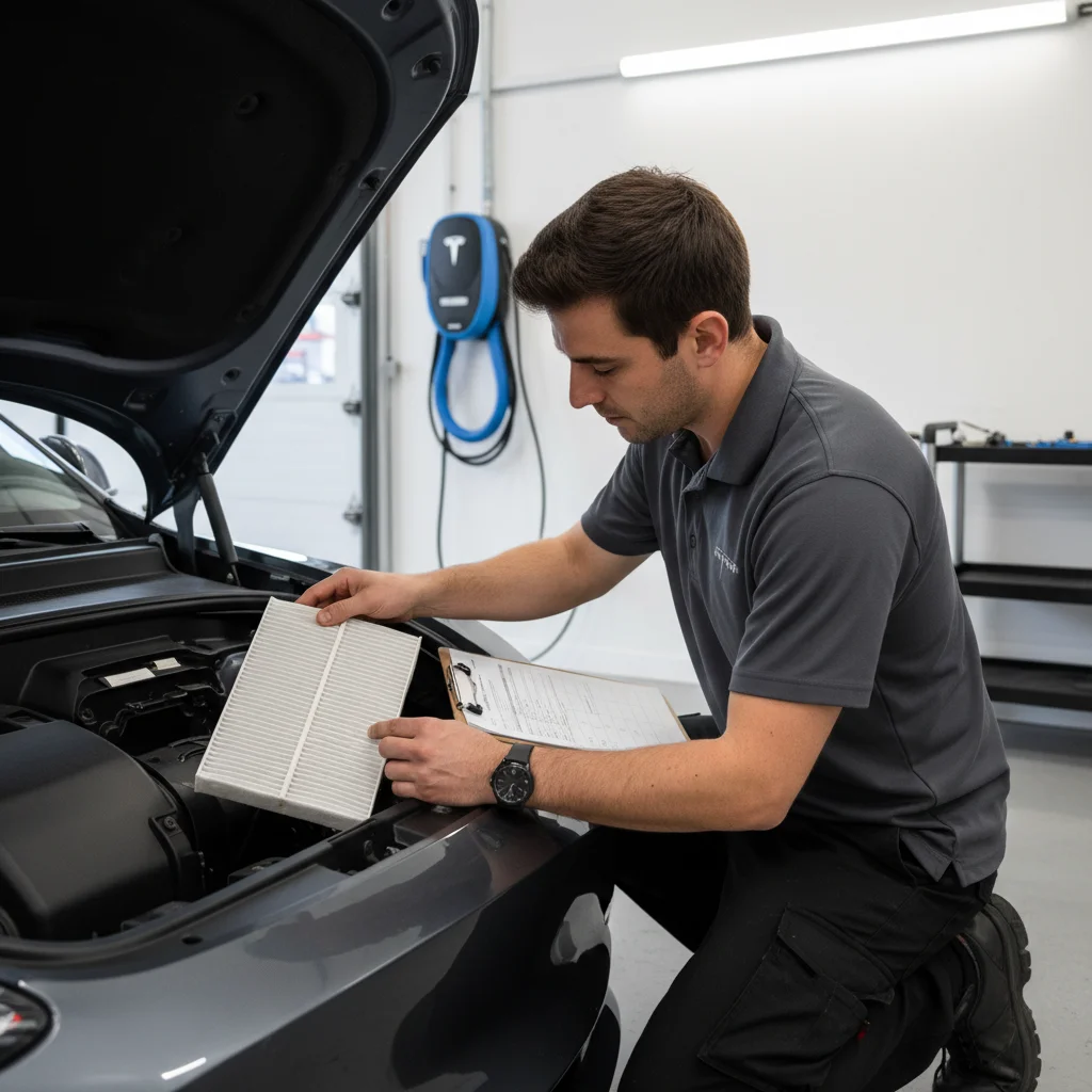 A technician in a clean workshop holds a clipboard while inspecting a Tesla's cabin air filter