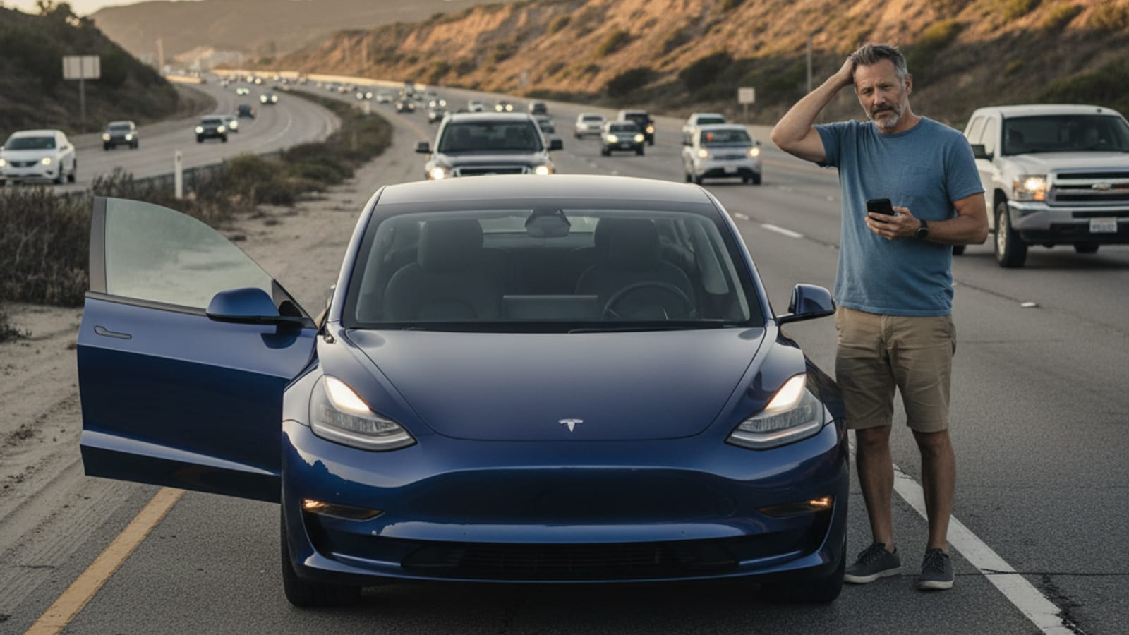 A stranded Tesla Model 3 parked on the shoulder of I-5 in South King County with its hazards on and the driver standing beside it looking at their phone