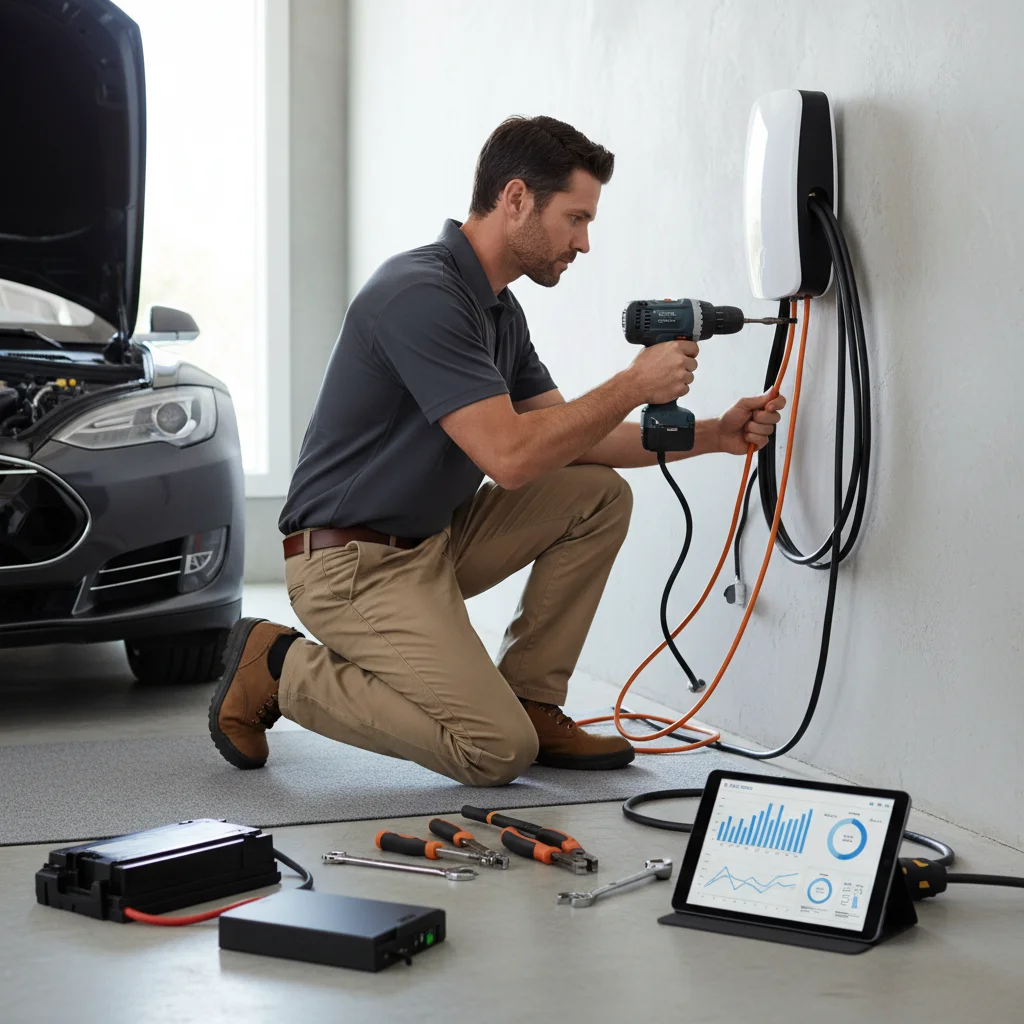 A driver checks a charging session status screen on a public EV charging kiosk in a Bellevue apartment garage.