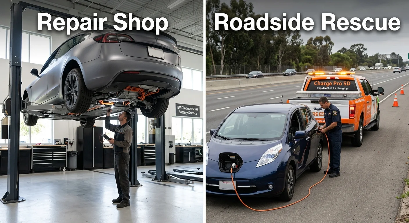 Split image: an EV on a lift in a clean repair shop on one side, a mobile rescue vehicle helping a stranded EV on a road shoulder on the other