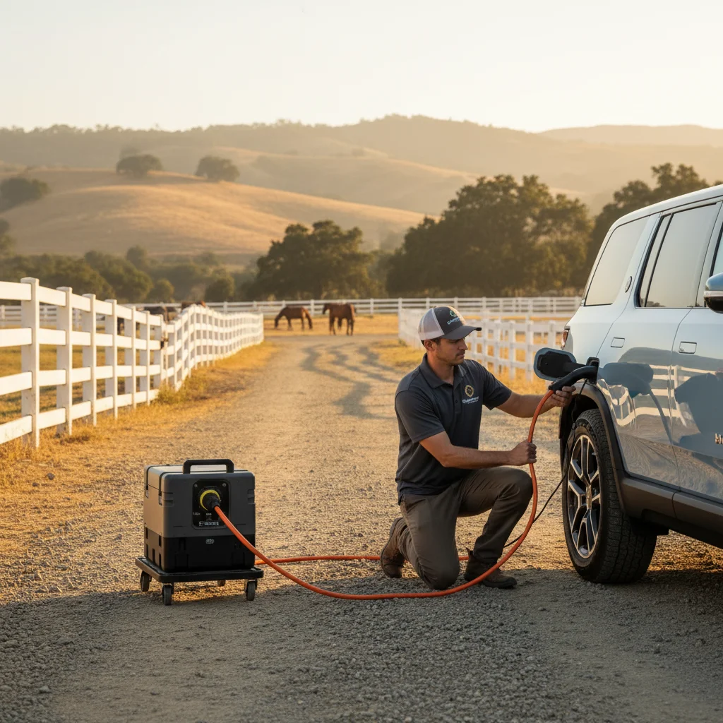 A technician plugging a portable charger into an electric SUV on a rural Arlington driveway with horse fencing in the background