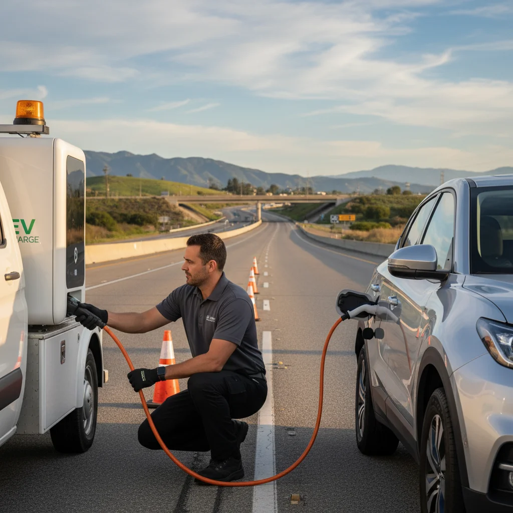 An electric vehicle stopped on the SR-167 shoulder near Auburn with a mobile EV charging truck approaching