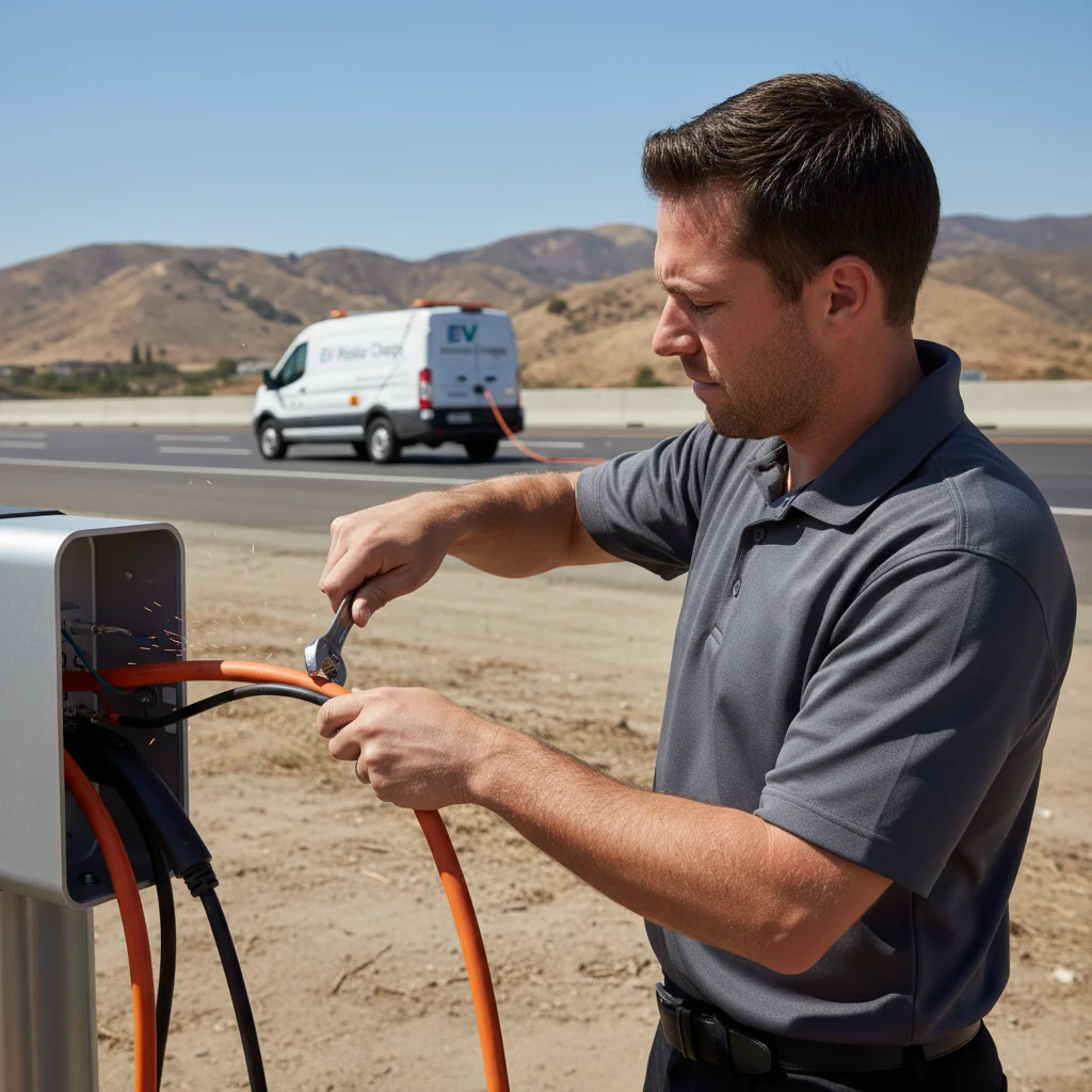 A technician plugging a CCS cable into a Hyundai Ioniq 5 on an Auburn street with the valley hills in the background