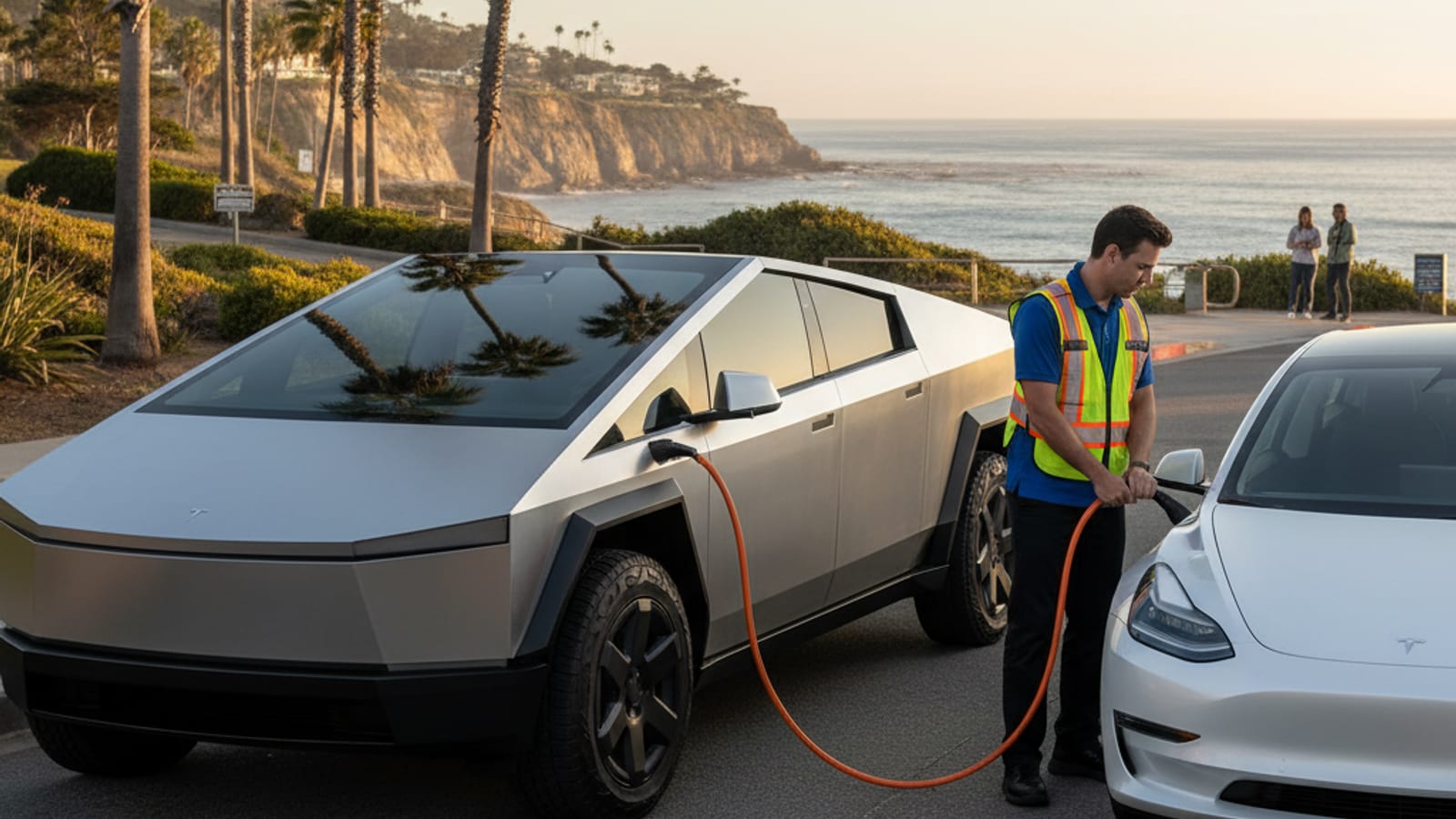Operator vehicle charging a stranded EV at the curb in a downtown neighborhood