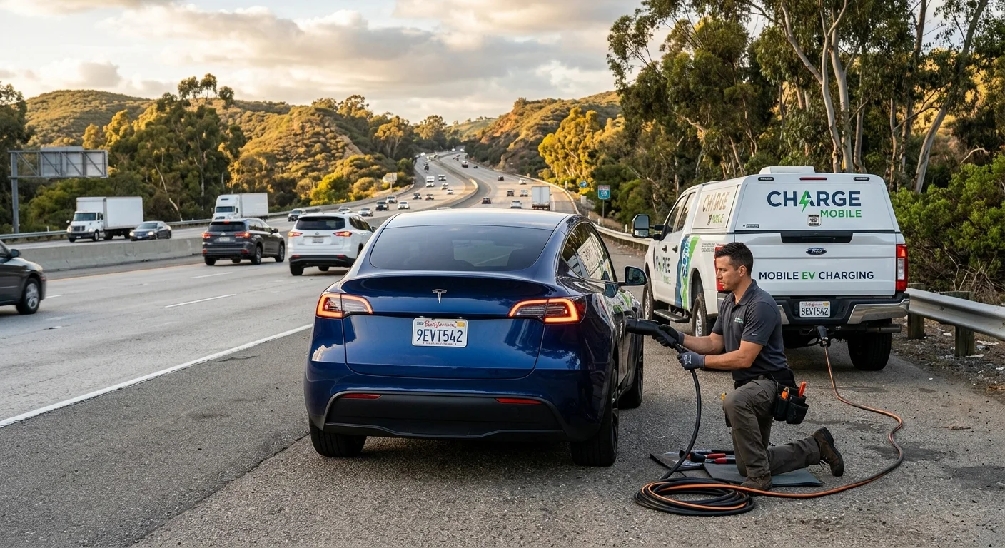 Tesla Model Y stopped on a freeway shoulder with eucalyptus-lined canyons behind, mobile EV charging truck approaching