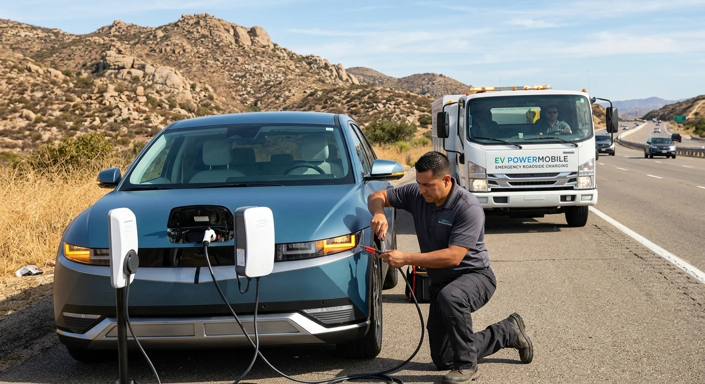 Technician kneels to connect a mobile EV charger to a Hyundai Ioniq 5 on a road shoulder with a mobile charging truck parked behind