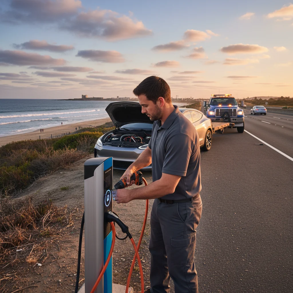 EV stopped on a freeway shoulder with a mobile charging truck approaching