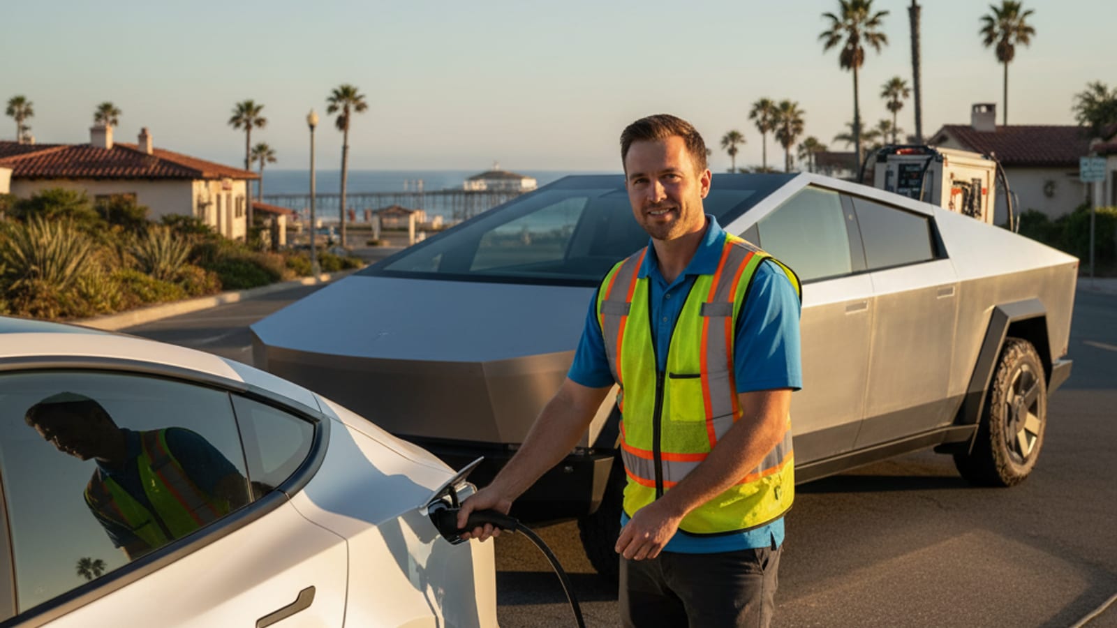 Mobile EV charging providing a charge to a stranded EV on an Edmonds street, with the Puget Sound in background