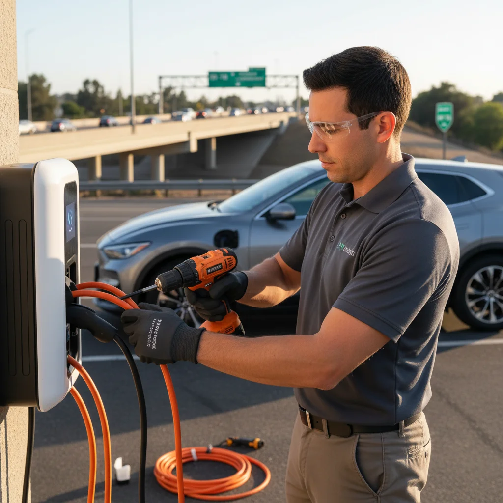 A operator plugging a J3400 connector into a dark sedan parked in an industrial area near a Snohomish County freeway exit.
