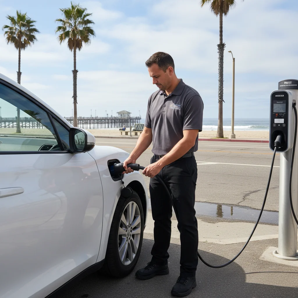 Technician plugging a mobile charger into an EV on a Federal Way street with the Puget Sound in the background
