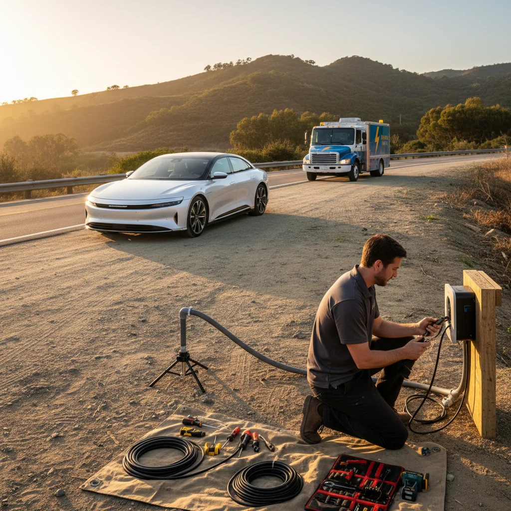 A Tesla receives mobile EV charging on the shoulder of I-90 just east of Issaquah with forested hills in the background