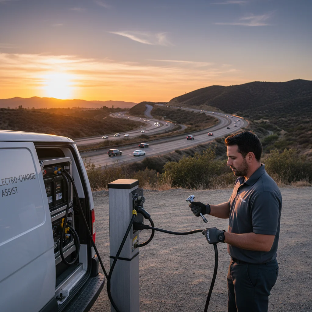 An EV stopped on the shoulder of SR 167 in Kent with South King industrial buildings behind and a mobile charging truck approaching