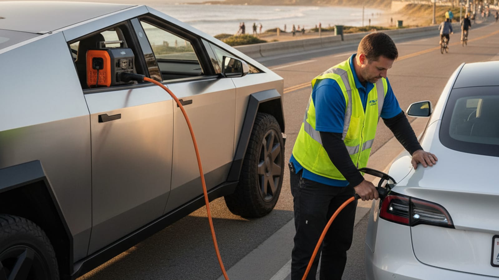 Operator vehicle charging a stranded EV on a lakeside road