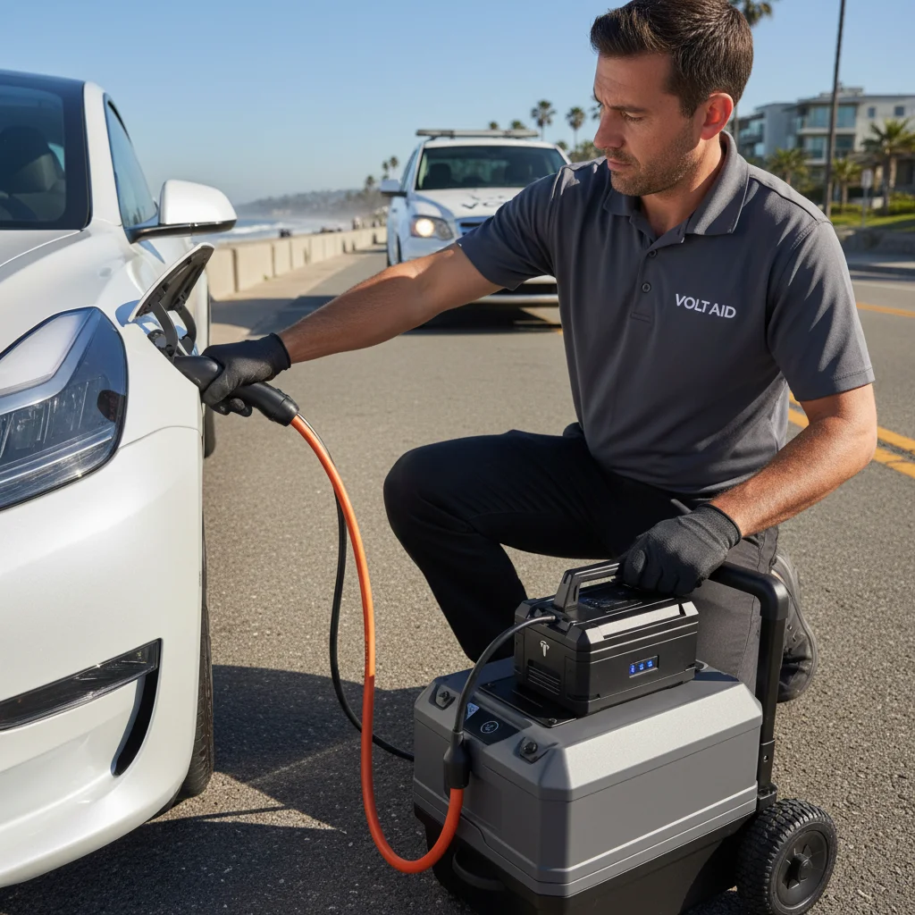 EV roadside assistance: Tesla rescue and mobile charging illustration