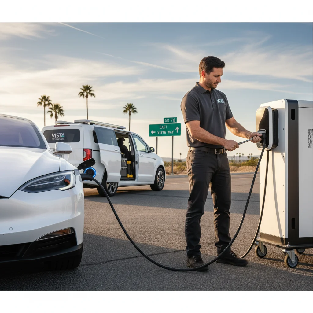 A Rivian R1S on the shoulder of US-2 near Lake Stevens with a mobile EV charging truck approaching at dusk.