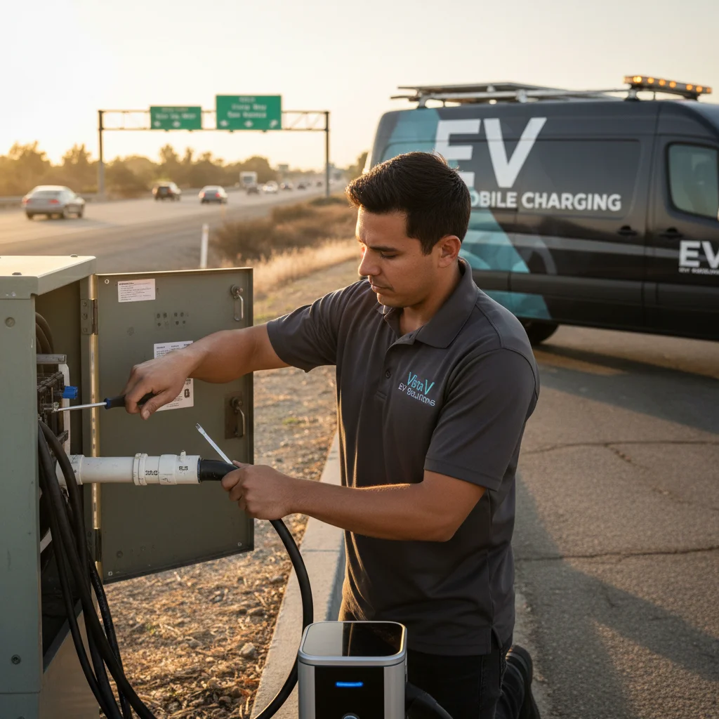 Technician connecting a CCS cable to an EV on a residential Lake Stevens street lined with evergreens.
