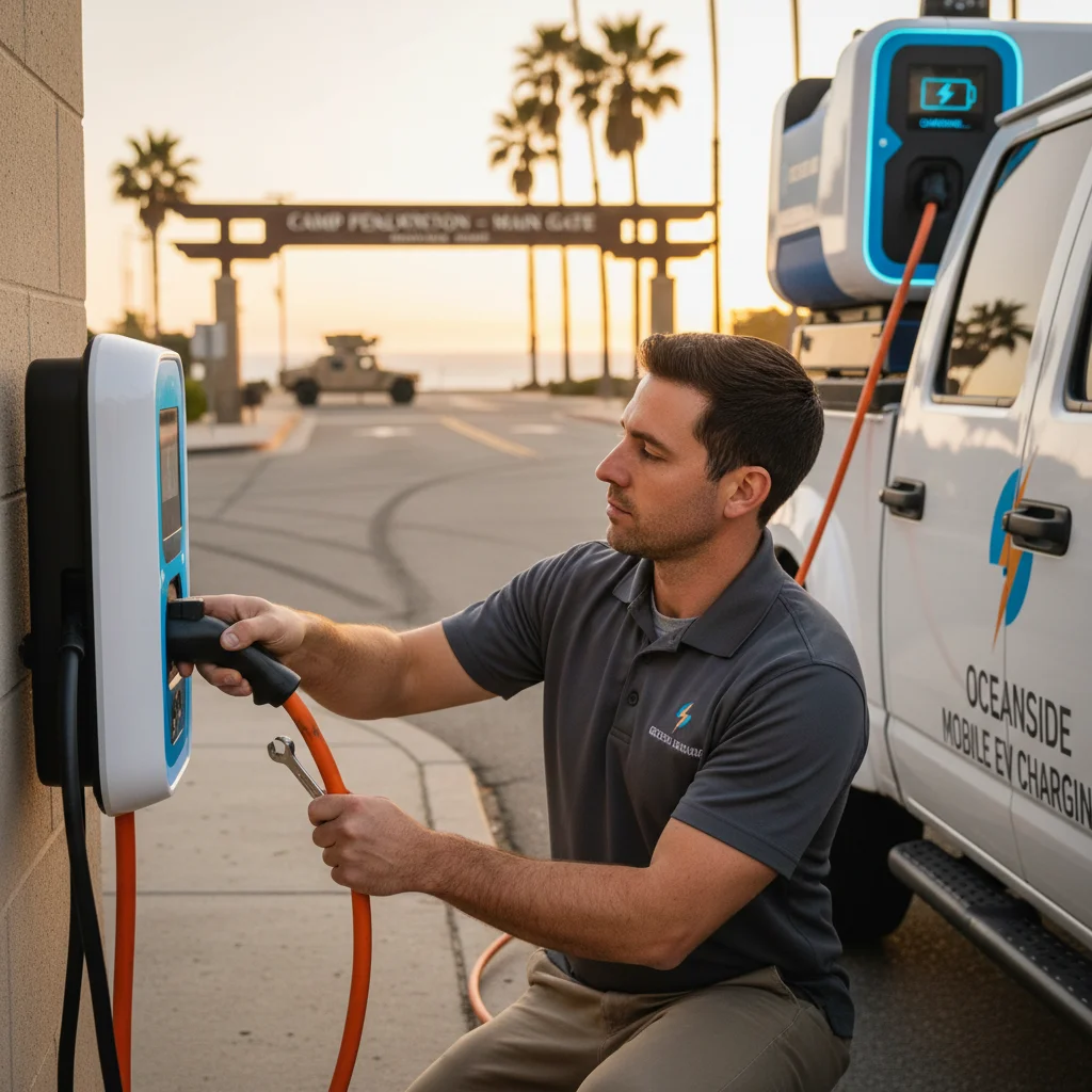 EV roadside assistance in Lakewood: mobile EV charging on the I-5 Pierce stretch, illustration.
