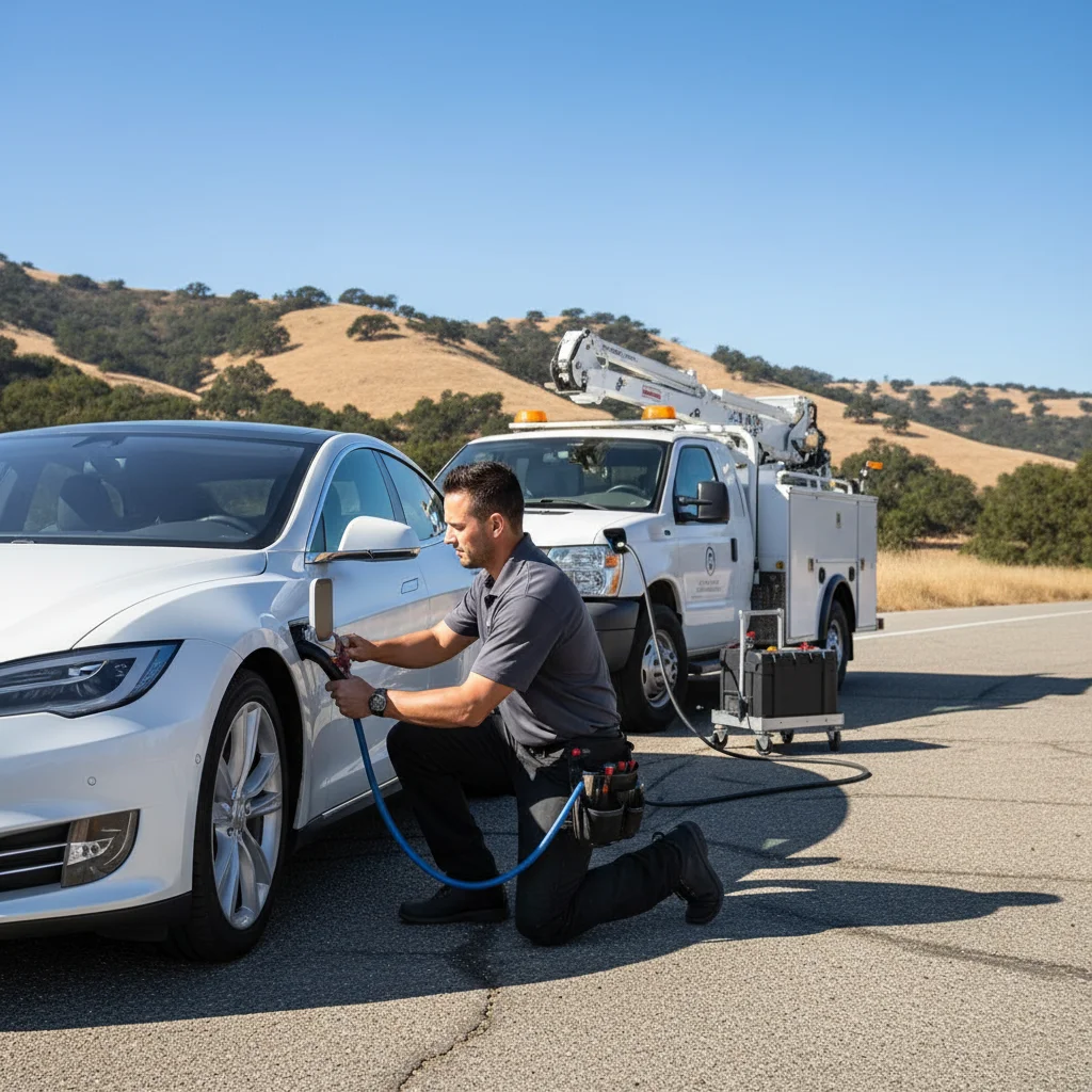 An electric vehicle stopped on the shoulder of SR-18 near Maple Valley with wooded hills behind, mobile EV rescue vehicle approaching