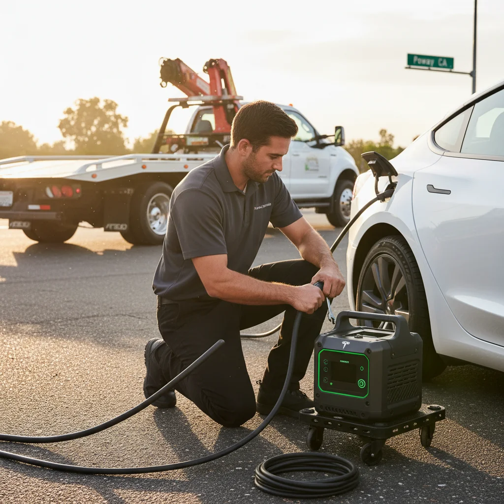 A technician plugging a portable charger into an EV on a Maple Valley suburban street with trees around